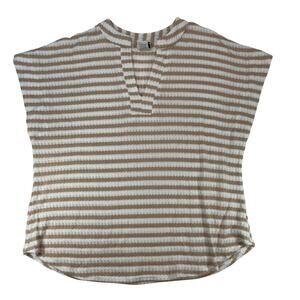 Wrapper Stripe Split Neck Cap Sleeve Knit Top Tan White Large Womens